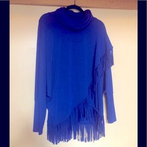 Chelsea &Theodore Asymmetrical Fringe Cowl Sweater